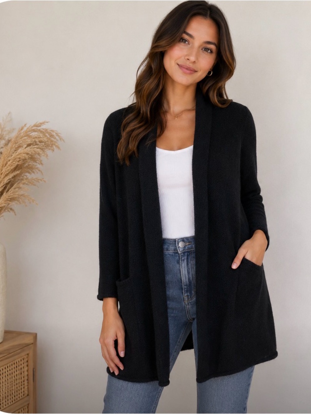 * Eileen Fisher Black Open Front Wool-Mohair Blend Cardigan Coat Womens Size M